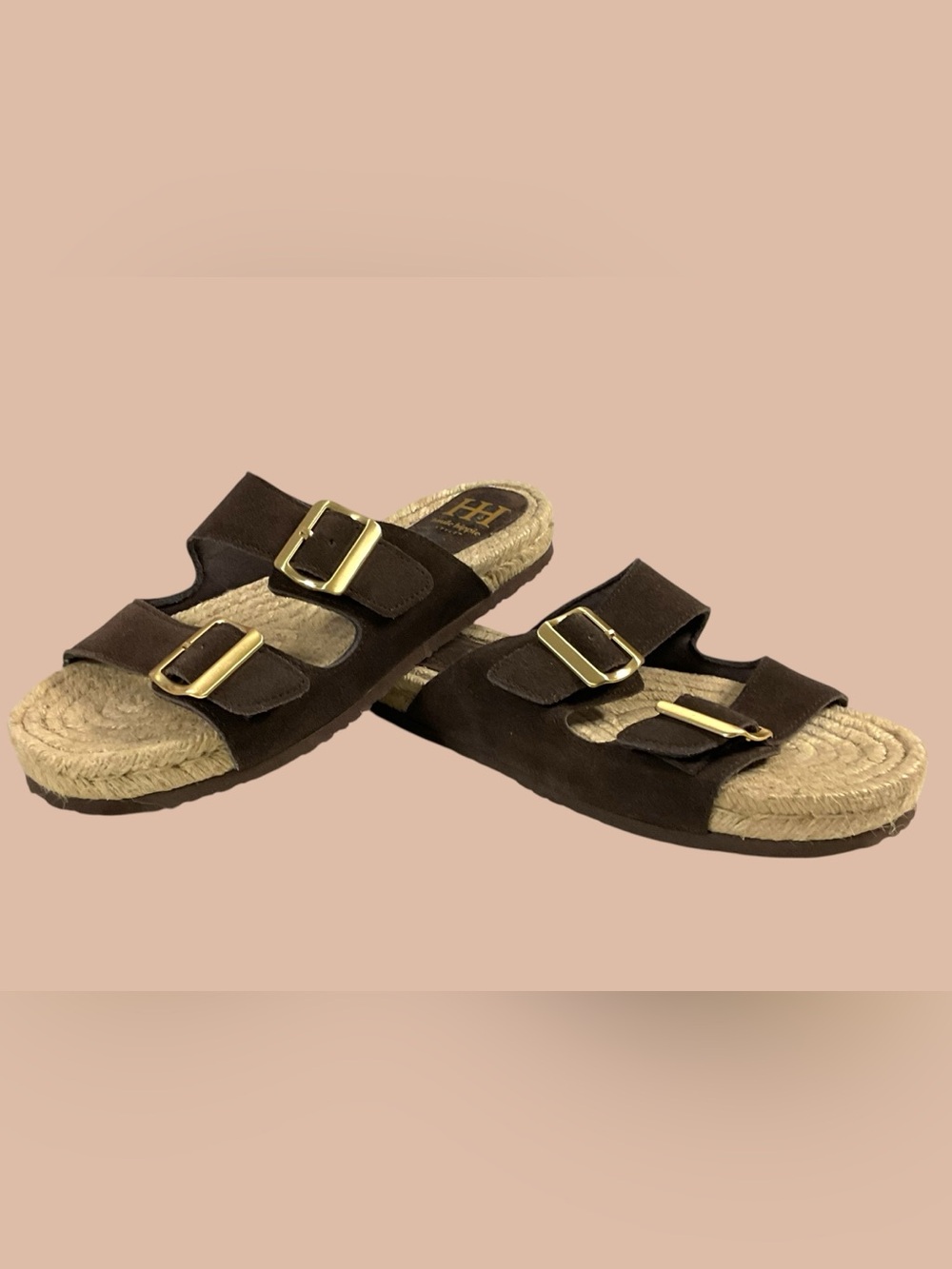 Haute Hippie Brown Suede Sandal Slides with Gold Buckles Women’s Size 9.5M
